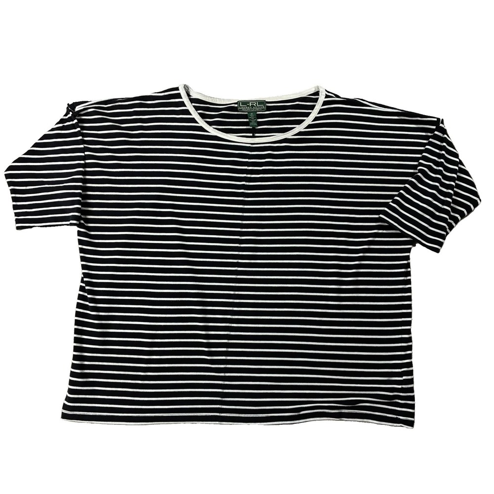Lauren Ralph Lauren Active 3/4 Sleeve Boat Neck Black White Striped Tee Women 3X